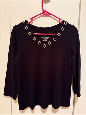 Chico's Black V-Neck Long Sleeve Top with Grommet Trim